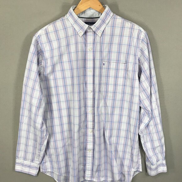 Izod Shirt Men's Medium Purple Plaid Button Down Long Sleeve Pocket Cotton Blend - Picture 1 of 14